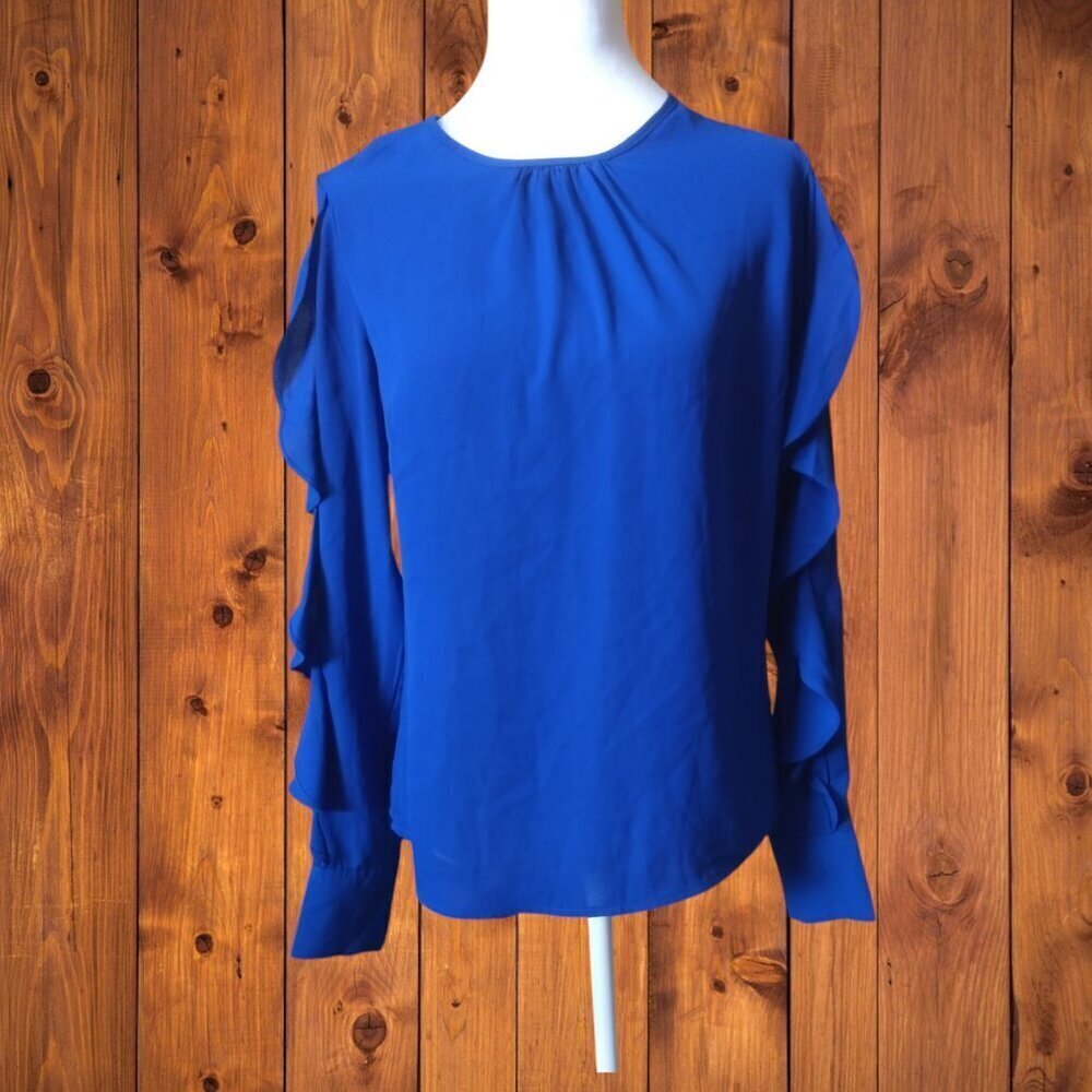Eva Longoria Long Ruffle Sleeve Pullover Blouse Lightweight Blue Size XS Office